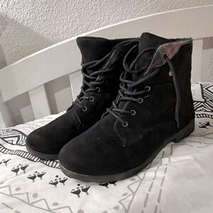 Nearly new Rock & Candy boots with red plaid print at the top!